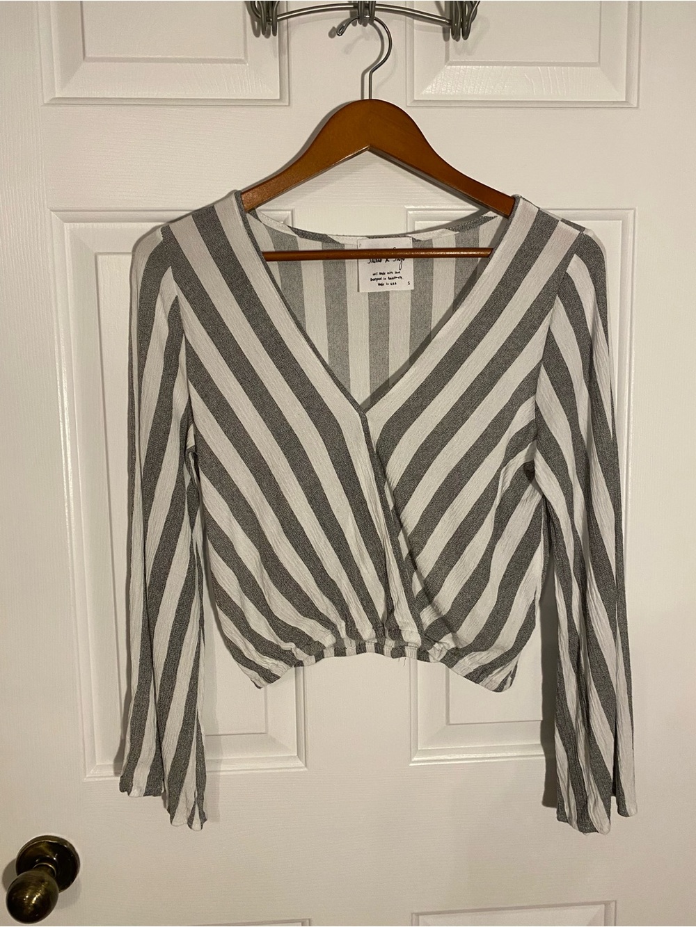 Sadie & Sage Gray and White Striped Wrap Blouse